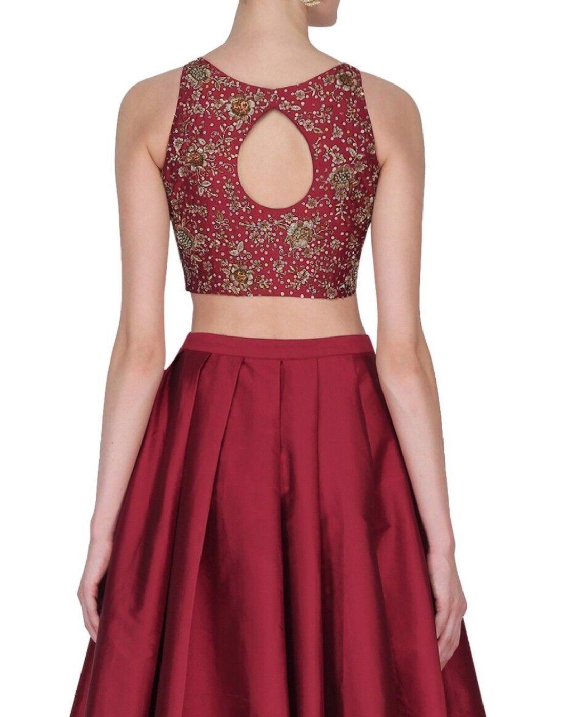 Rent Maroon Silk Embellished Top And Skirt-Women-Glamourental