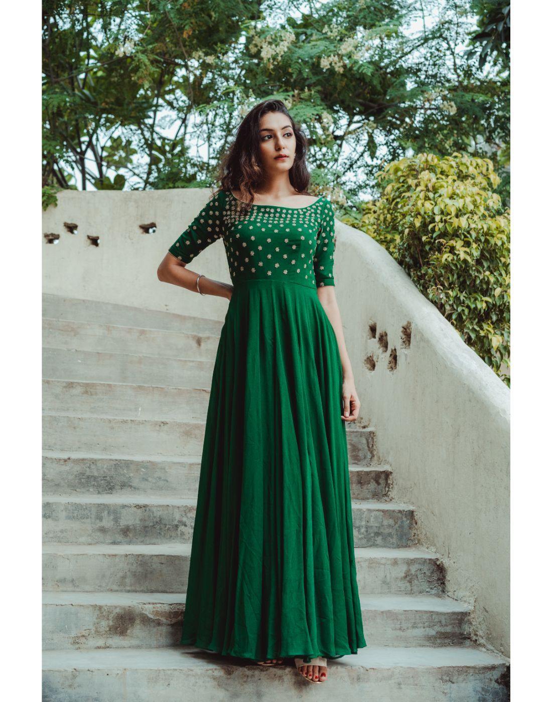 Rent Green Georgette Hand Embroidered Gown-Women-Glamourental