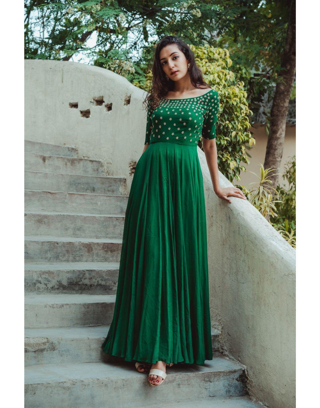 Rent Green Georgette Hand Embroidered Gown-Women-Glamourental