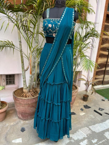 Designer Anamika's Blue Color Soft Georgette Embroidery Lehenga - Rent