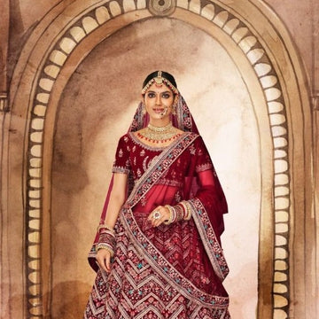 Maroon Shaded Net and Mirror work wedding Lehenga - Rent