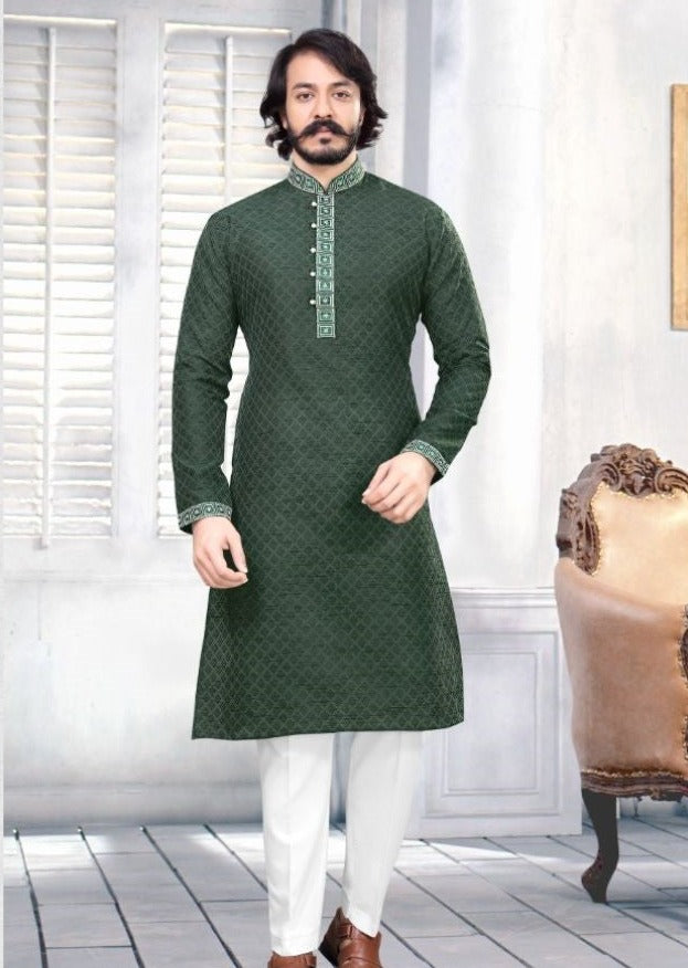 Embroidered Art Silk Jacquard Kurta Set in Green - Rent