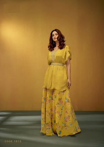 Classy Yellow Peplum Top with Organza Skirt - Rent