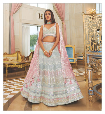 Classy Sky Blue and Pink Colored Lehenga In Georgette Fabric - Rent