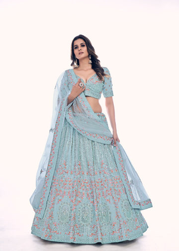 Elegant Blue colored Pearl Embroidered Lehenga - Rent