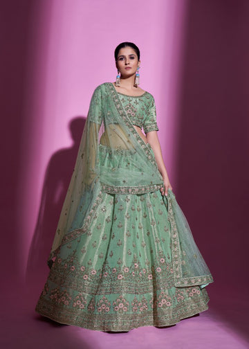 Classy Pista Green Embroidered Lehenga Set - Rent