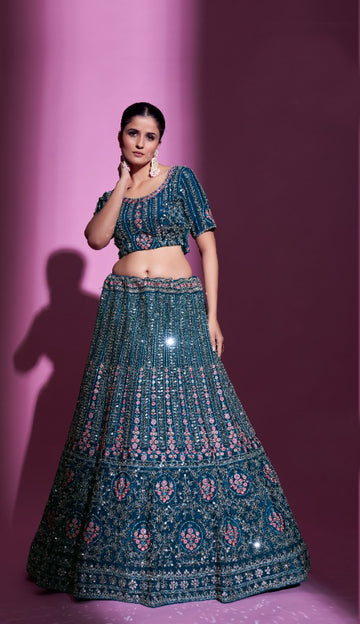 Teal Heavy Embroidered Lehenga Set - Rent