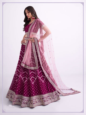 Magenta Heavy Embroidered Lehenga Set - Rent