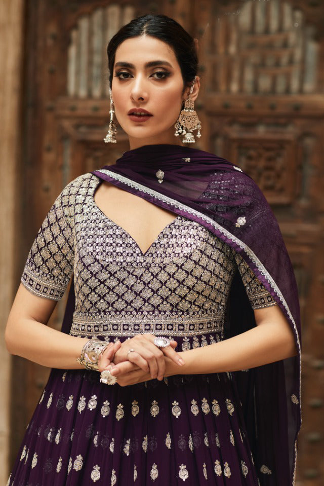 Classy Purple Heavy Embroidered Anarkali Set - Rent