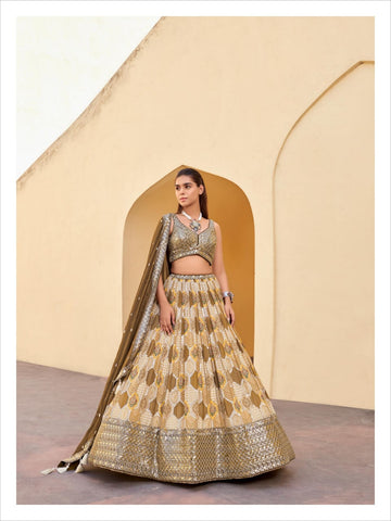 Golden Brown colored printed Lehenga Set - Rent