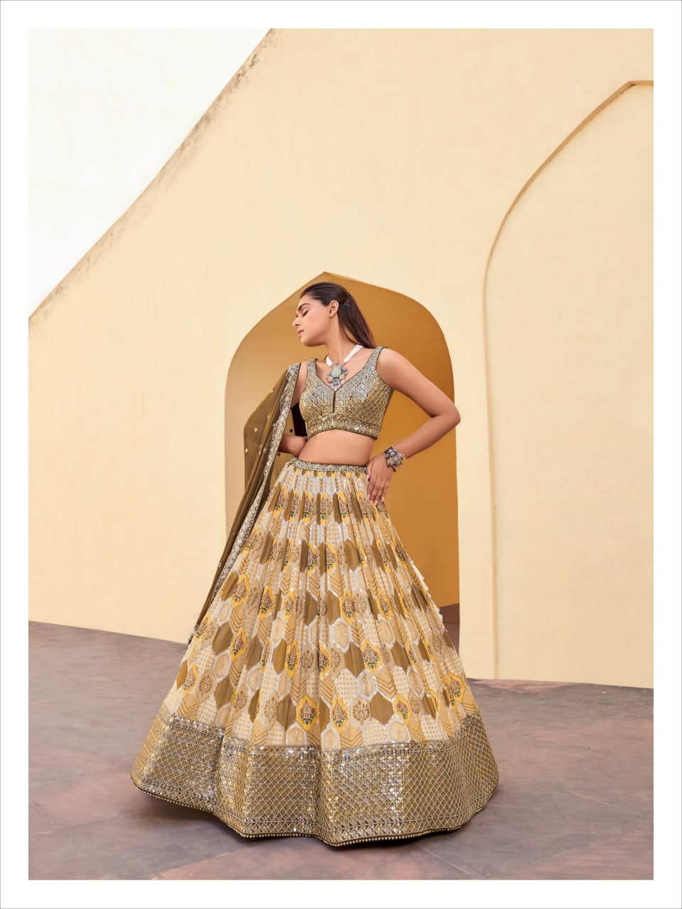 Golden Brown colored printed Lehenga Set - Rent