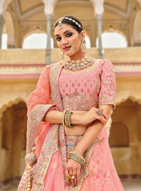 Peach bridal heavy embroidered Lehenga Set- Rent