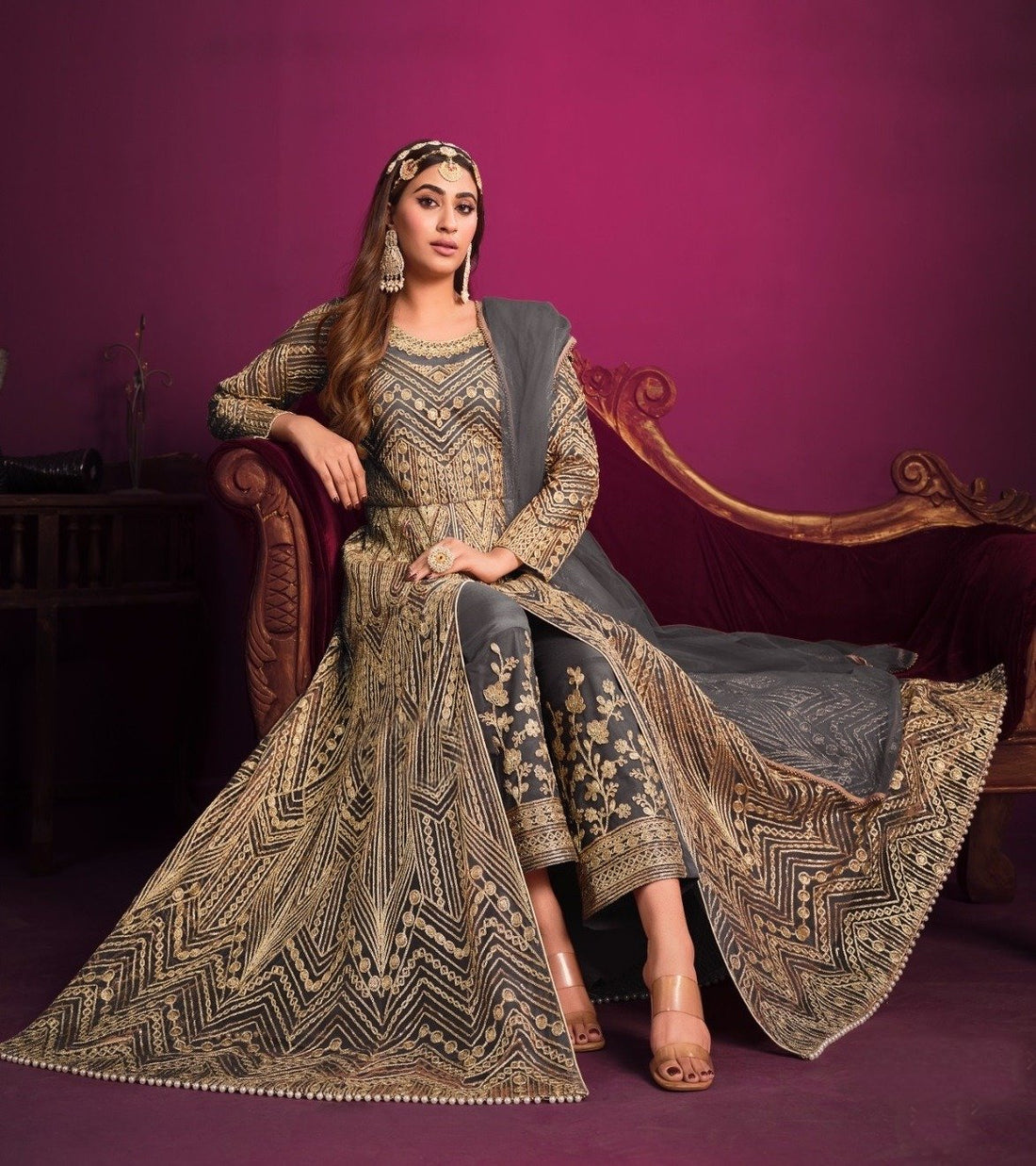 Timeless heavy Embroidered Anarkali Set with Net Dupatta- Rent