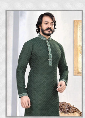 Embroidered Art Silk Jacquard Kurta Set in Green - Rent