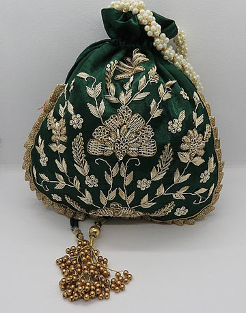 Green with golden embroidered Potli - Rent