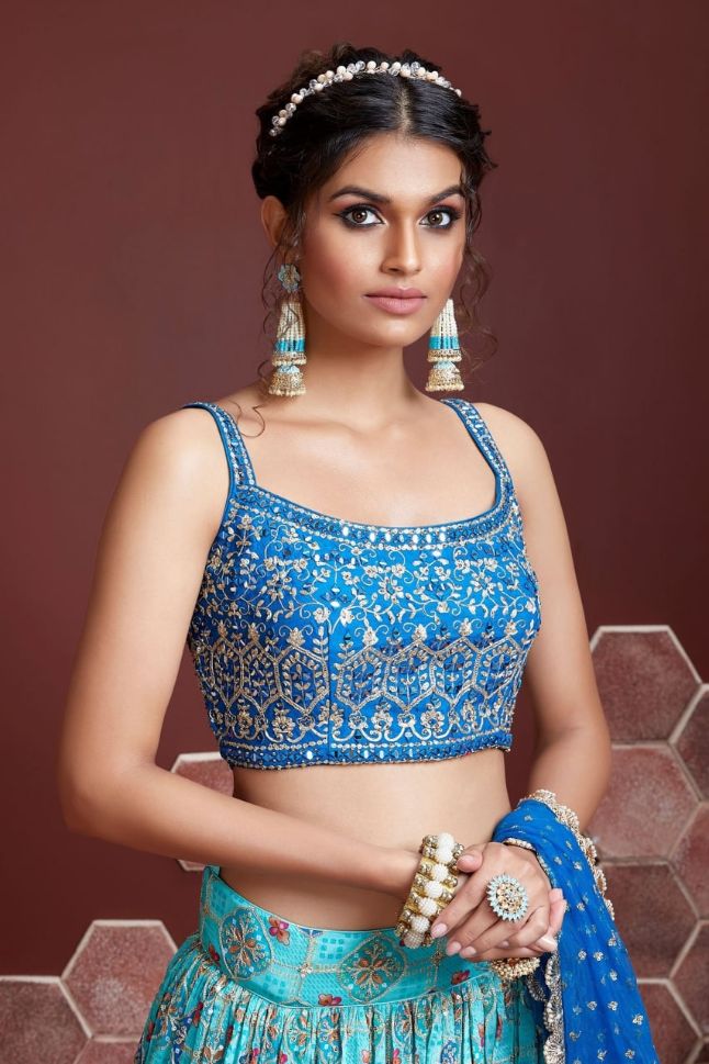 Sky Blue Embroidery Organza Silk Party Wear Lehenga Choli - Rent